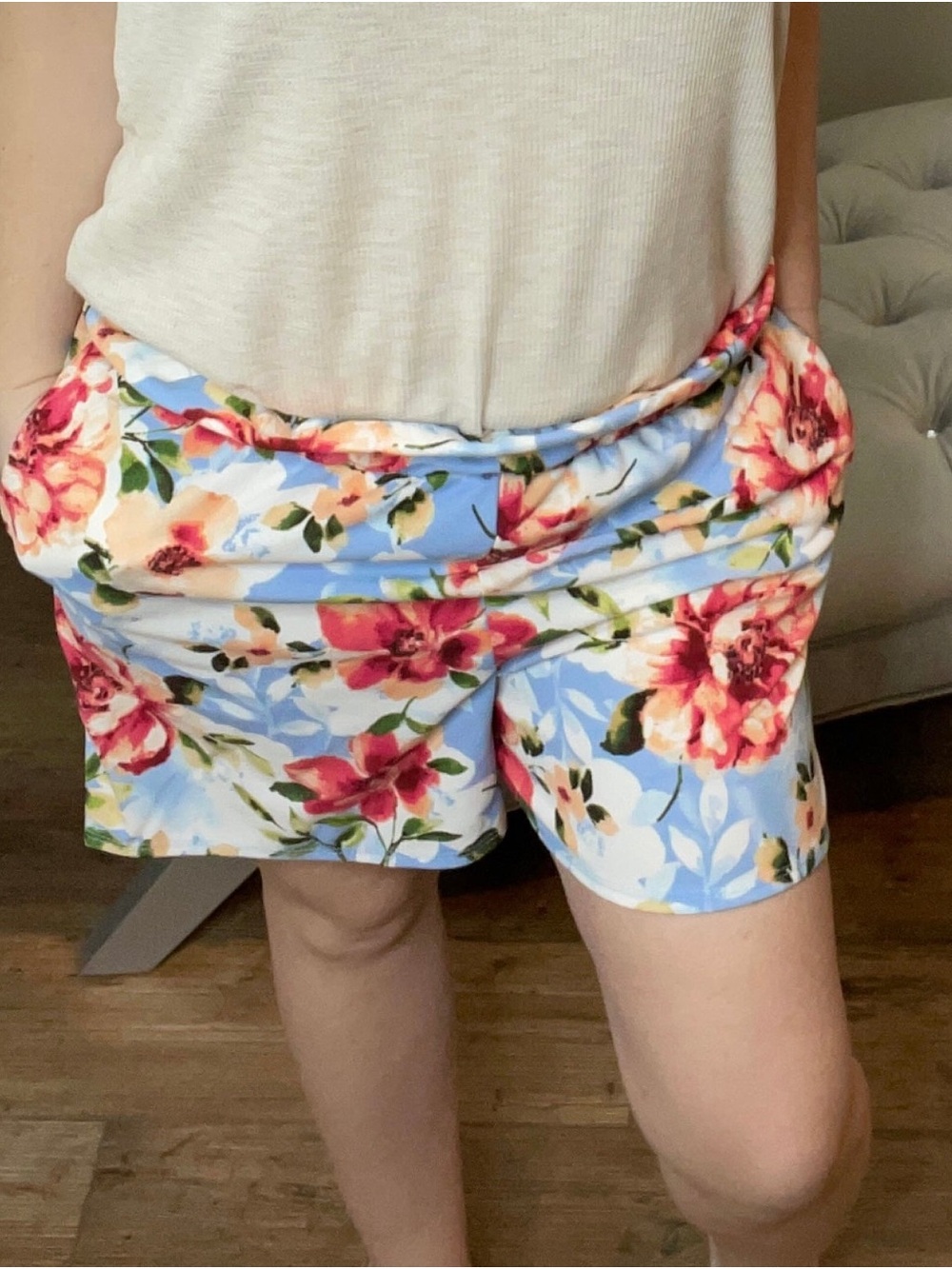 S-3X Floral Blue Women's Casual Paper bag Shorts